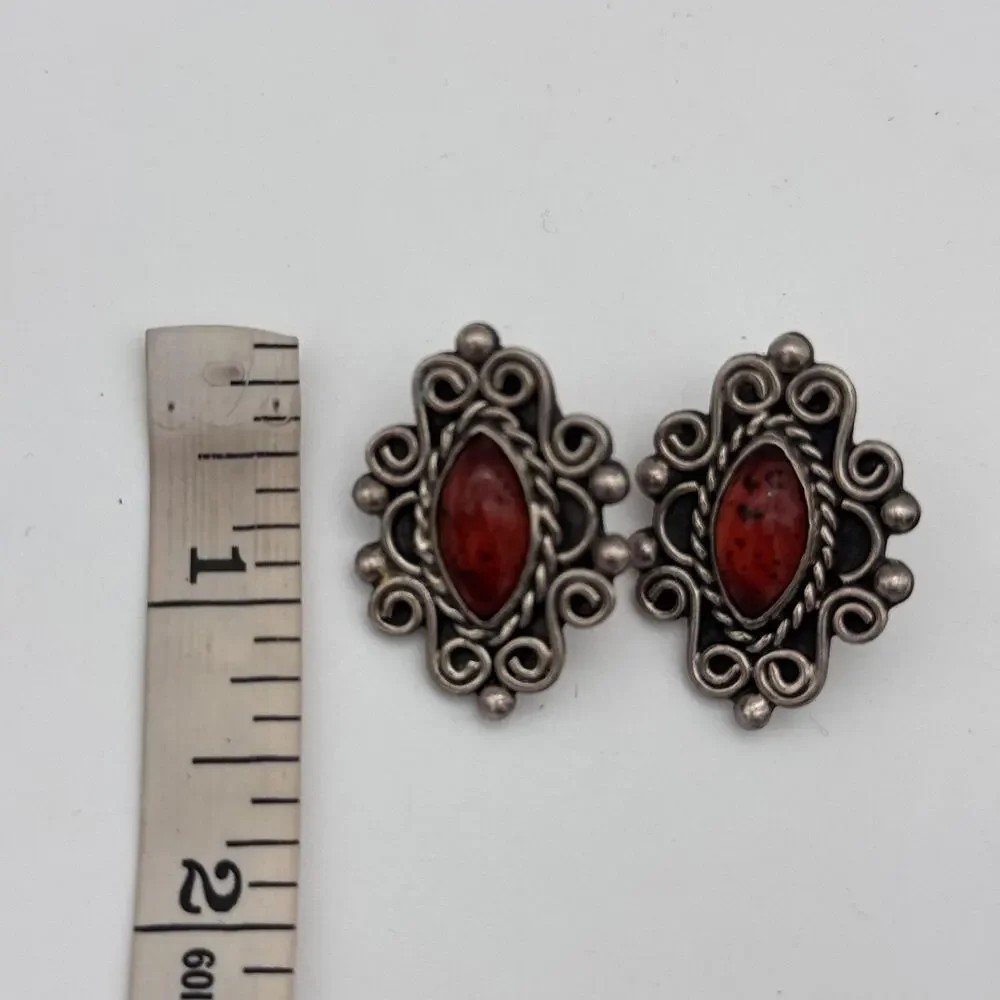 Sterling Silver Mexico Jewelry Set Earrings Pendant Filigree Cabochon Vintage - Picture 12 of 13